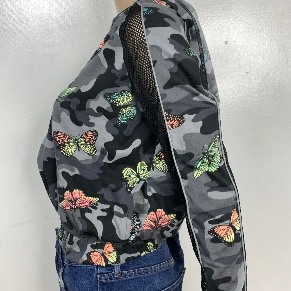 Sommer Ray Hoodie Womens Small Gray Camo & Butterflies Full Zipper Net Sleeves - Picture 5 of 13